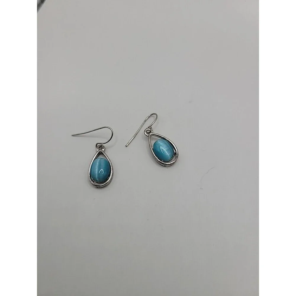 Blue Cats Eye Teardrop Dangle Earrings Silver Tone Glass Stone Minimalist Boho - Picture 7 of 9